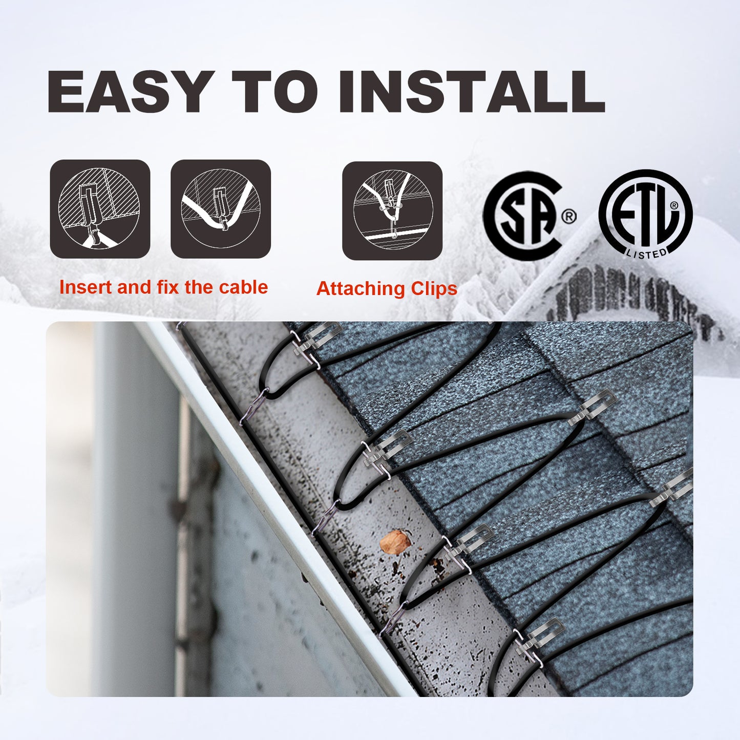 TDRD-F 20 feet Roof & Gutter Snow De-Icing Kit, 5W/ft Heat Tape for Roof and Gutters Ice Dam Prevention with Power Cold