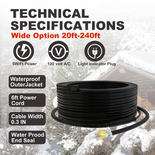 TDRD-F 20 feet Roof & Gutter Snow De-Icing Kit, 5W/ft Heat Tape for Roof and Gutters Ice Dam Prevention with Power Cold