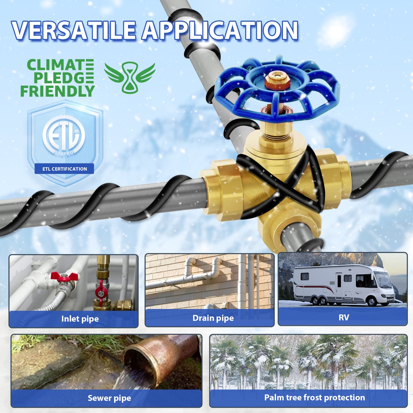 TOPDURE 5W/Feet 120V Self-Regulating Pre-Assembled Water Pipe Heat Cable for Pipe Freeze Protection, Energy-Saving Pipe Heating Cable Keeps Water Flowing at -40°F