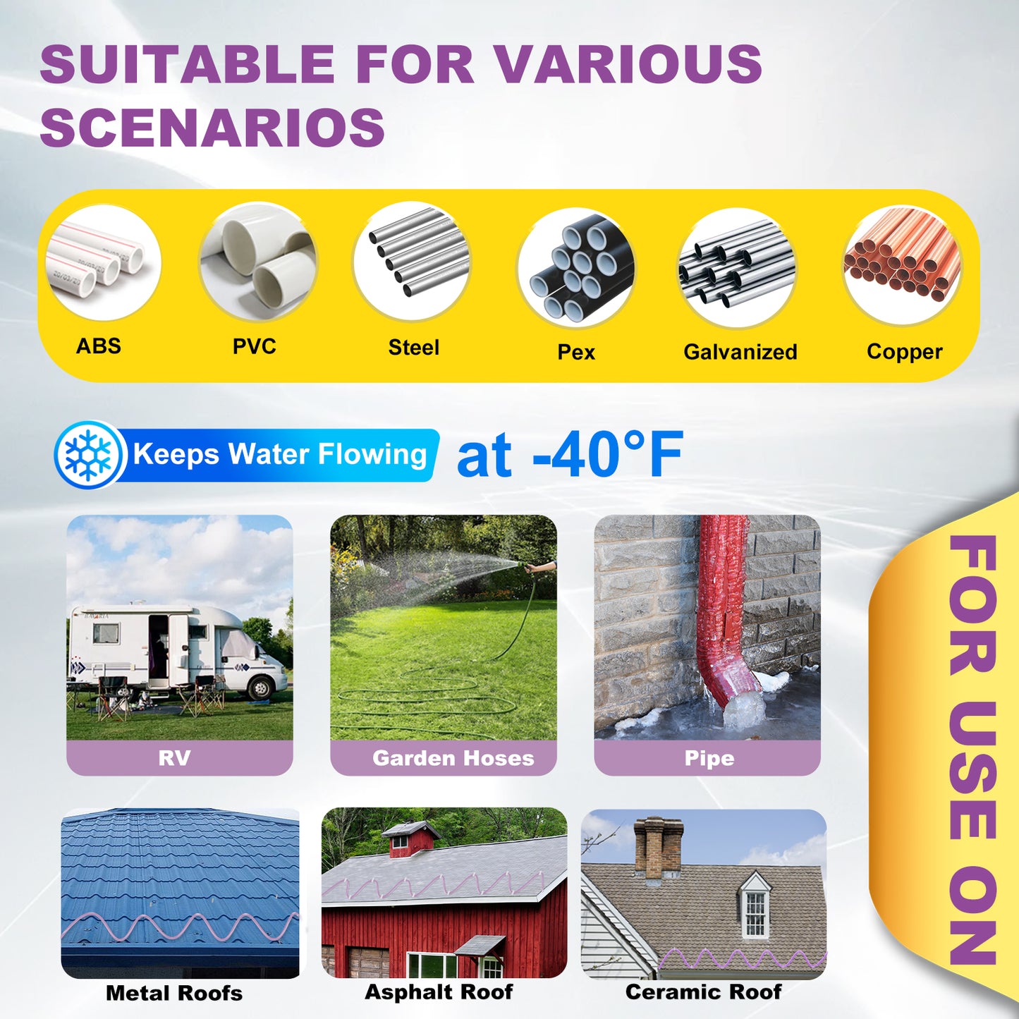 TOPDURE Self Regulating Heat Tape for Water Pipes Roof and Gutters Heating Cable with 6ft Lighted Plug