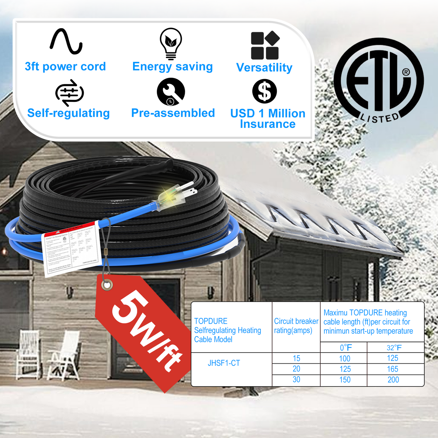 TDSF1-CT Self-Regulating Heat Tape for Water Pipes, ETL Certified, Ideal for Pipe Freeze Protection and Roof Deicing, 120V