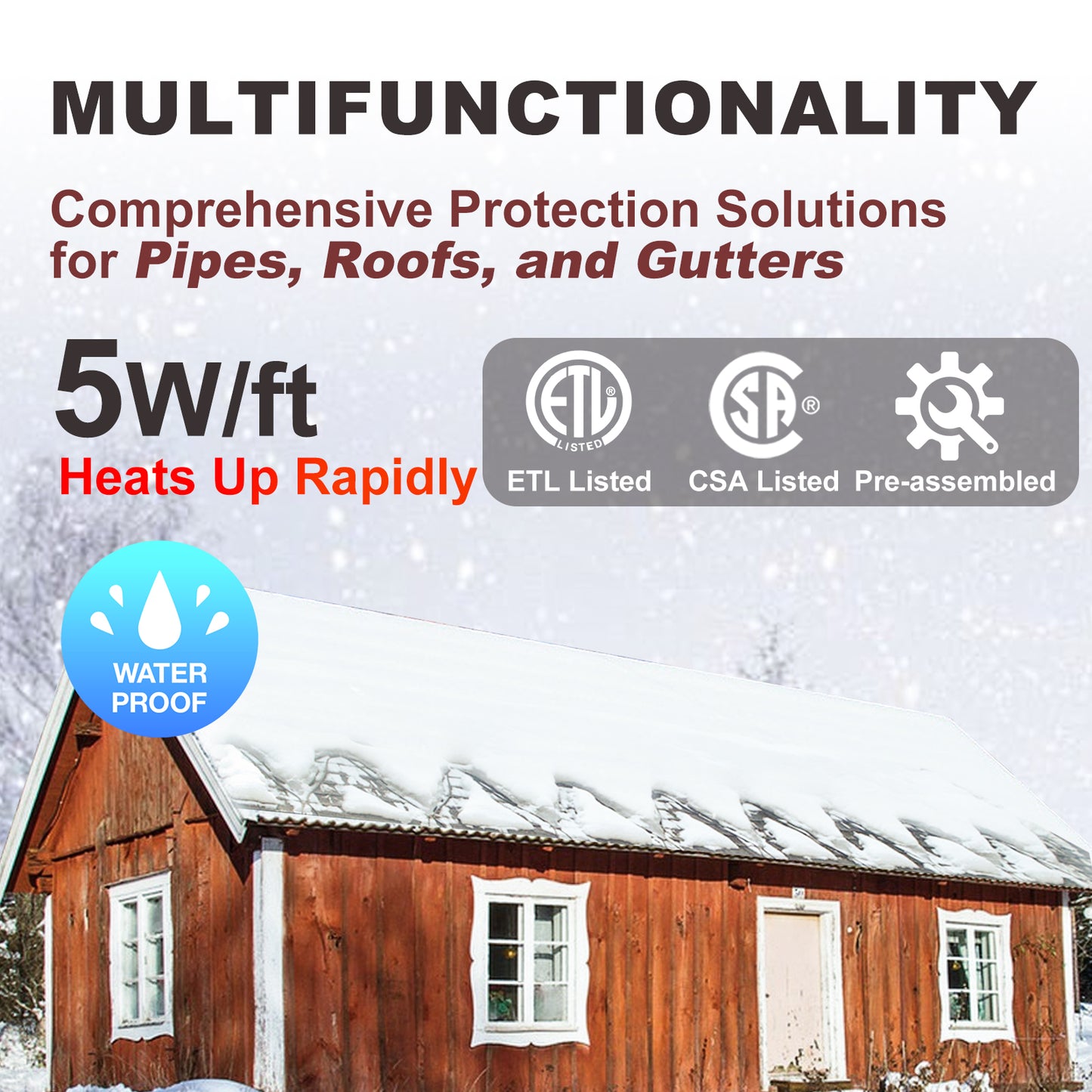 TDRD-F 20 feet Roof & Gutter Snow De-Icing Kit, 5W/ft Heat Tape for Roof and Gutters Ice Dam Prevention with Power Cold