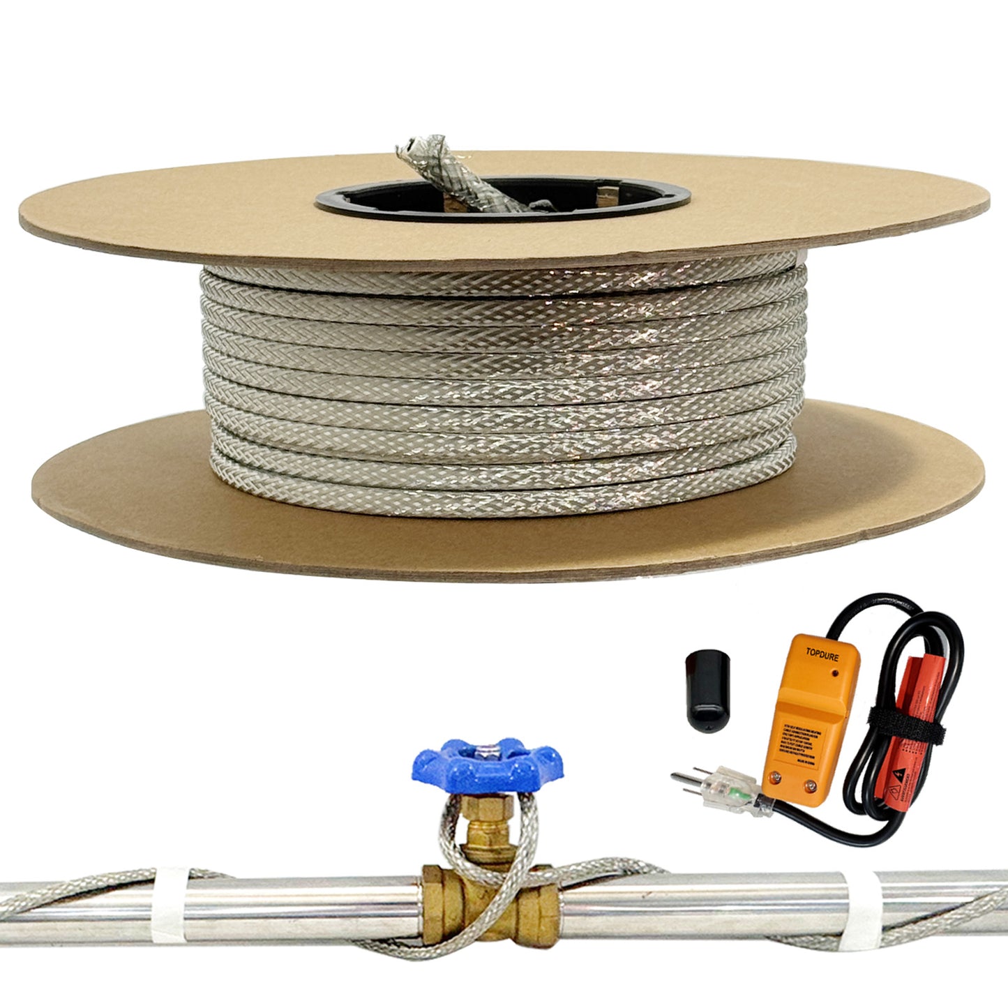 TOPDURE HTM Braid Self-Regulating Custom-length Heating Cable Kit, 3W/FT ETL Certified with Connection Kit (Plug & Waterproof End Seal)