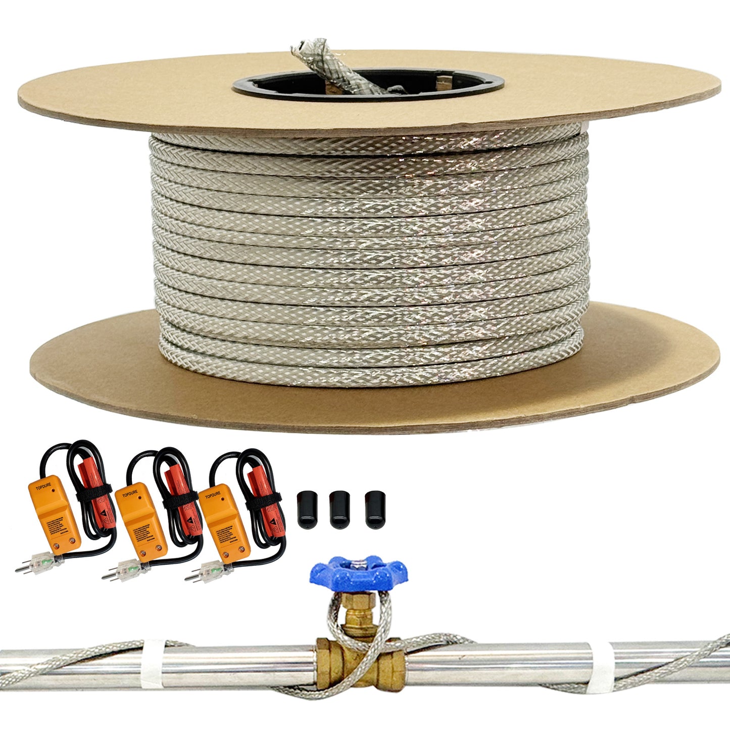TOPDURE HTM Braid Self-Regulating Custom-length Heating Cable Kit, 3W/FT ETL Certified with Connection Kit (Plug & Waterproof End Seal)