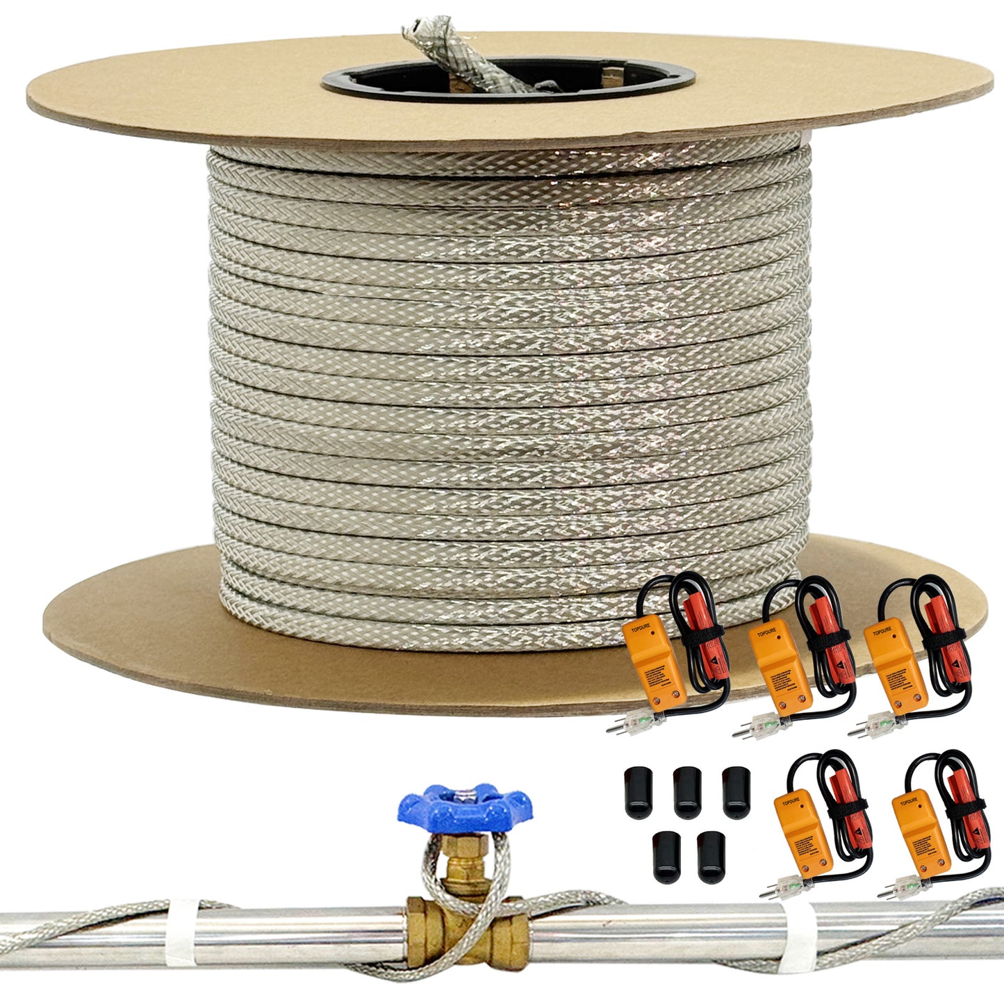 TOPDURE HTM Braid Self-Regulating Custom-length Heating Cable Kit, 3W/FT ETL Certified with Connection Kit (Plug & Waterproof End Seal)