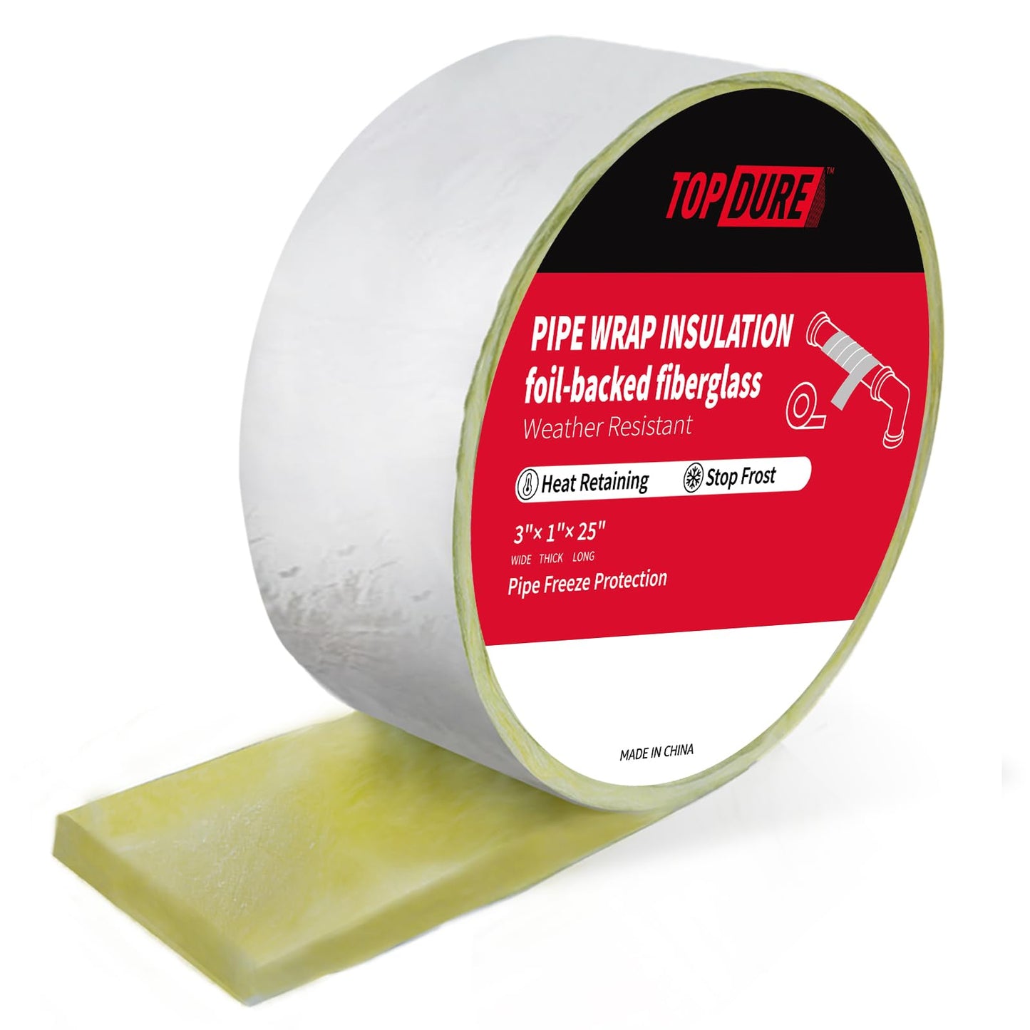 TOPDURE Foil-Backed Fiberglass Pipe Wrap Insulation, 1" Thick Pipe Insulation Wrap for Outdoor Water Pipes, 3" x 25FT, 2 Pack