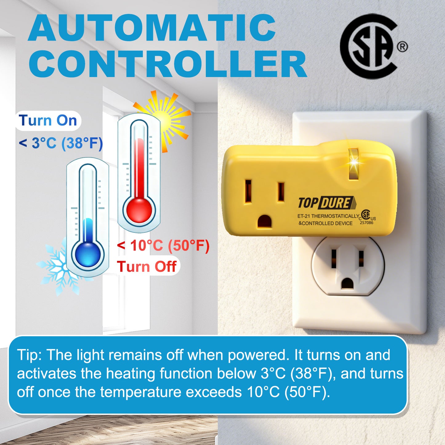 TOPDURE Freeze Thermostatically Controlled Outlet for Heating Cable On Below 38℉ and Off Over 50℉