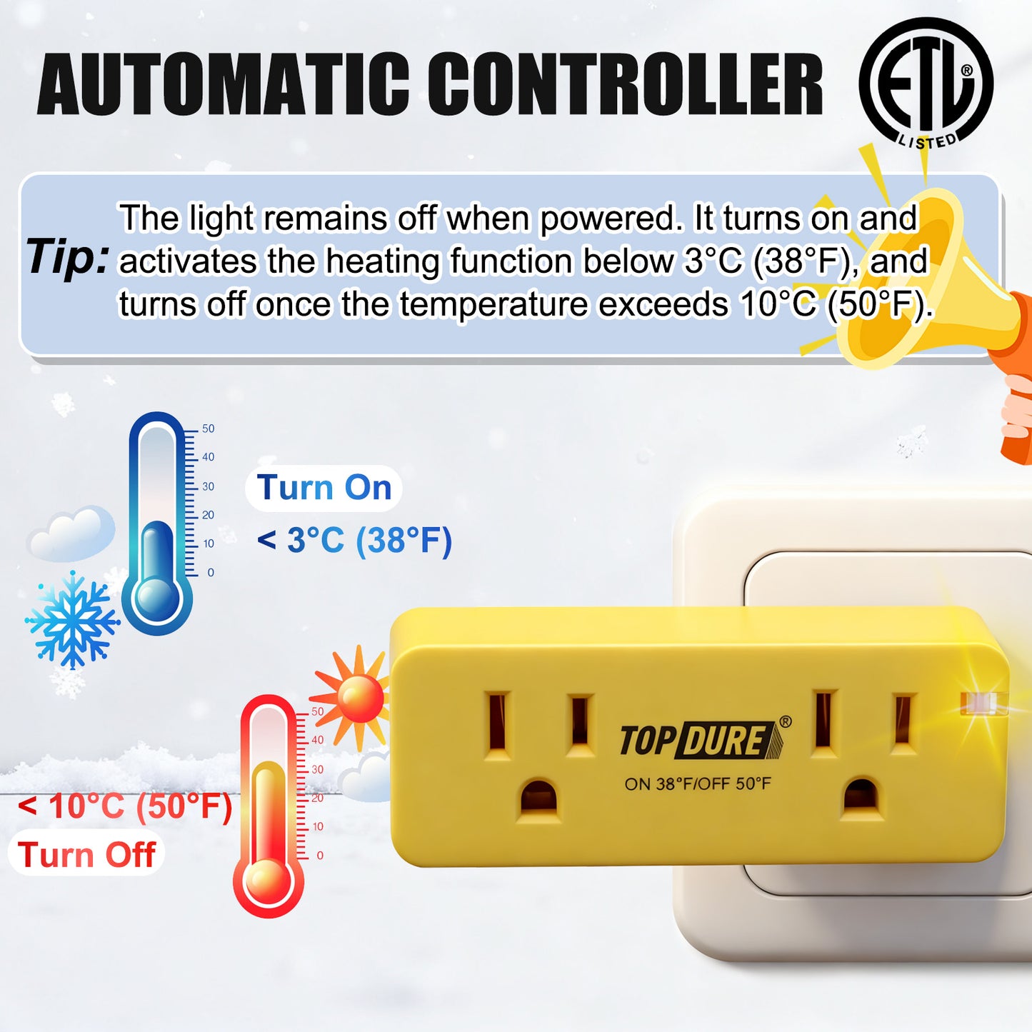 TOPDURE Thermostat Plug Outlet for Heat Cables, Temperature Controlled Outlet with Auto On at 38℉/Off at 50℉
