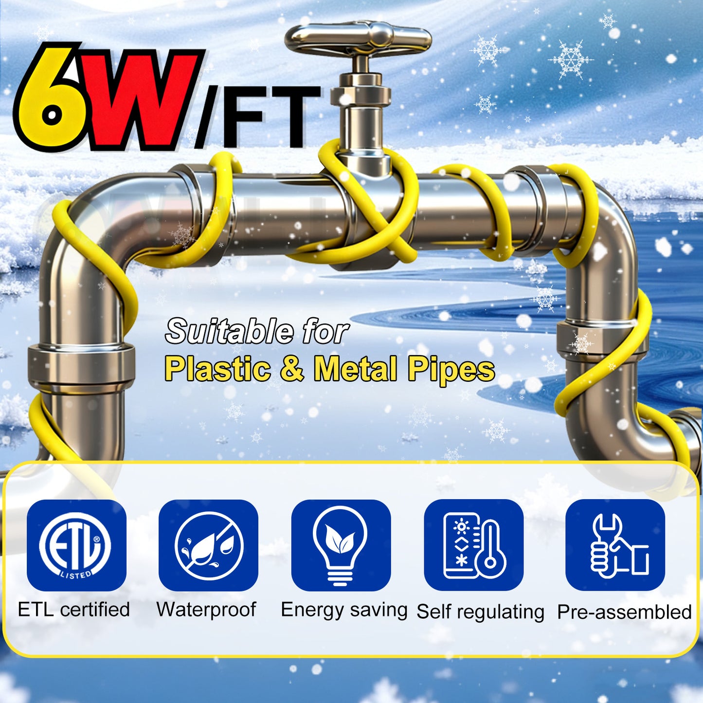 TOPDURE Heating Cable for Pipe Freeze Protection Self-Regulating Heat Tape for Water Pipes for Metal and Plastic Pipes Energy-Saving Heat Trace Cable 120V 6W/FT