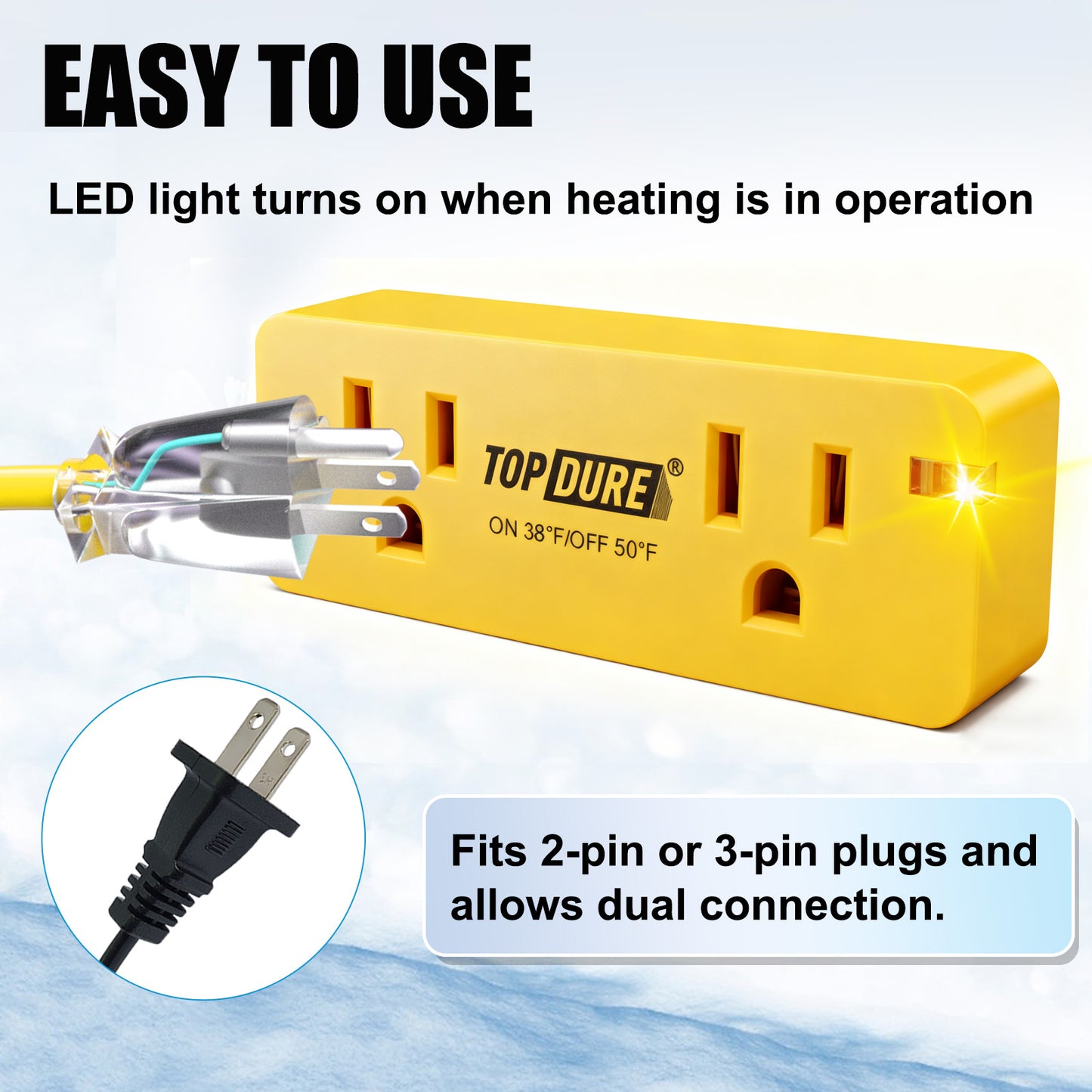 TOPDURE Thermostat Plug Outlet for Heat Cables, Temperature Controlled Outlet with Auto On at 38℉/Off at 50℉