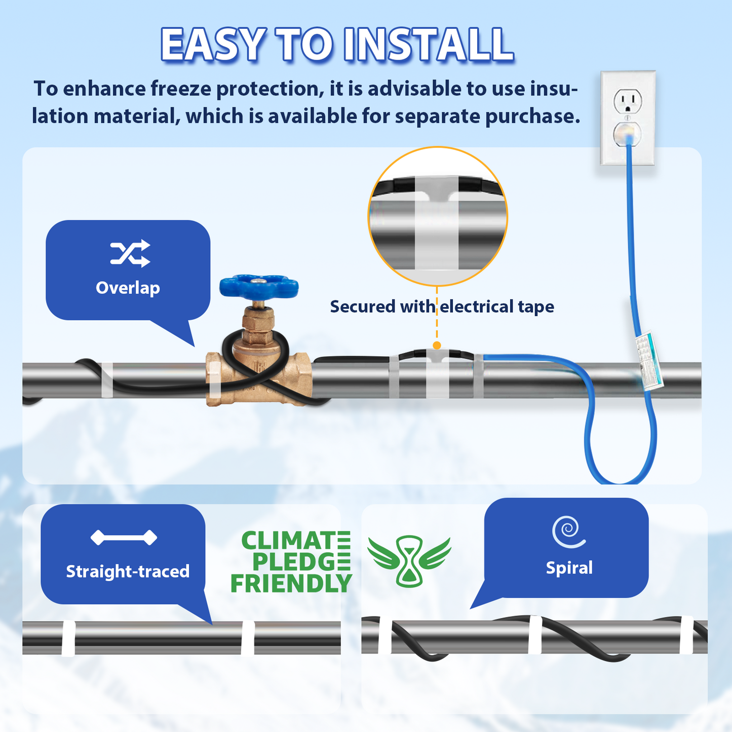 TOPDURE 5W/Feet 120V Self-Regulating Pre-Assembled Water Pipe Heat Cable for Pipe Freeze Protection, Energy-Saving Pipe Heating Cable Keeps Water Flowing at -40°F