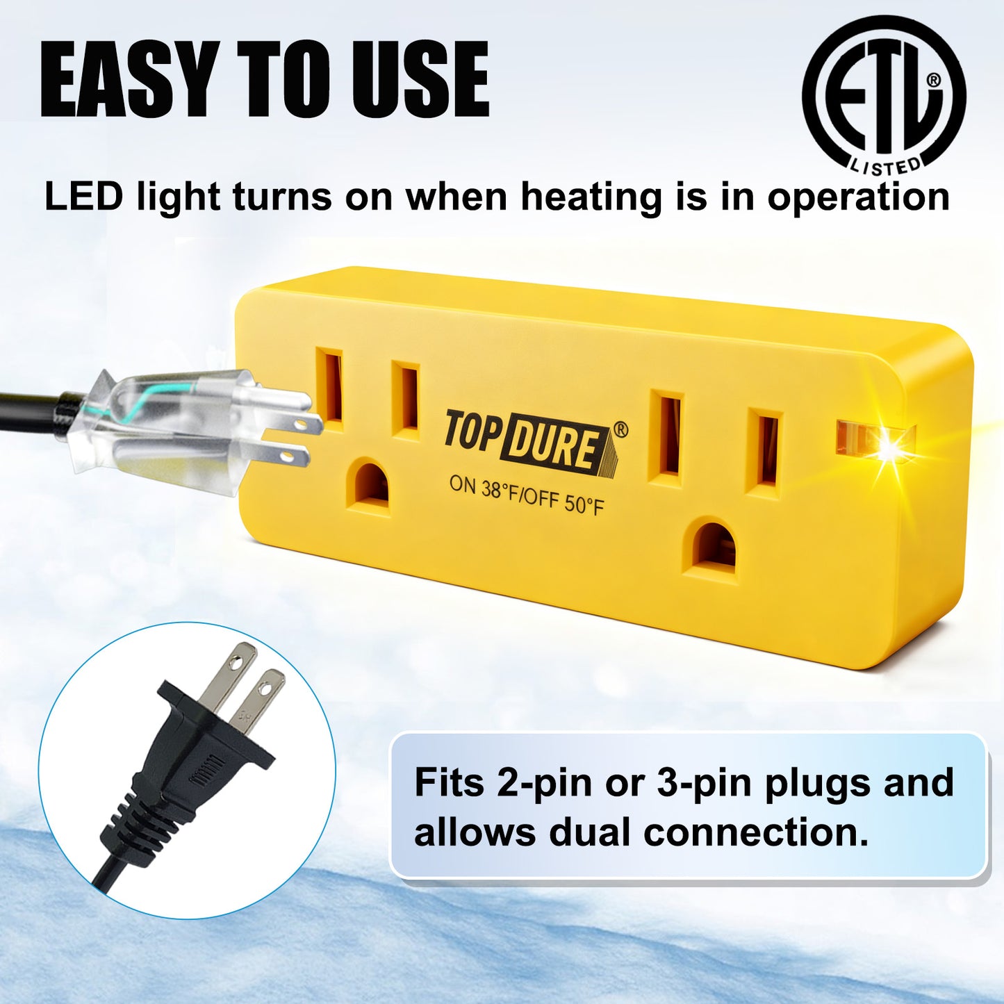 TOPDURE Thermostat Plug Outlet for Heat Cables, Temperature Controlled Outlet with Auto On at 38℉/Off at 50℉