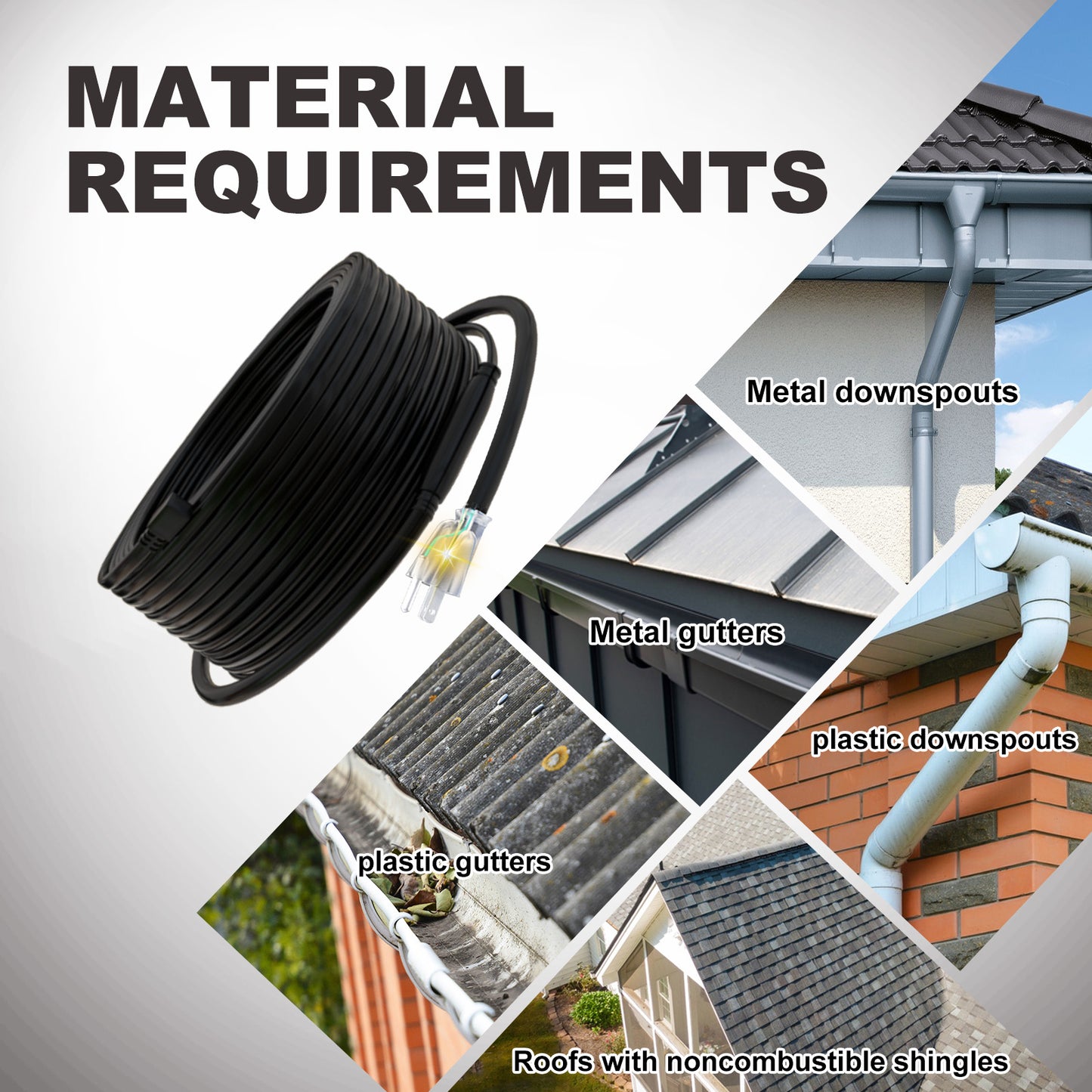 TDRD-F 20 feet Roof & Gutter Snow De-Icing Kit, 5W/ft Heat Tape for Roof and Gutters Ice Dam Prevention with Power Cold