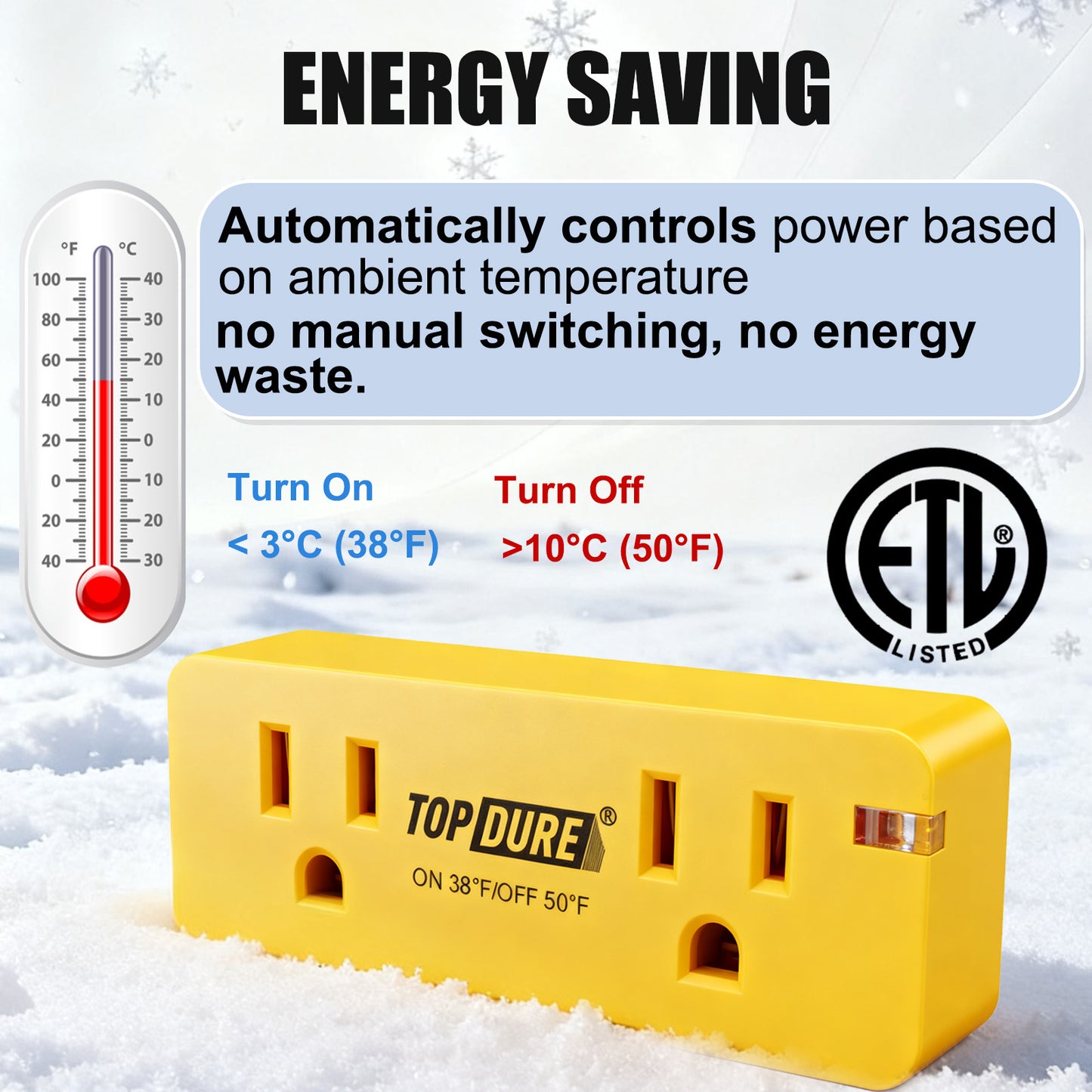 TOPDURE Thermostat Plug Outlet for Heat Cables, Temperature Controlled Outlet with Auto On at 38℉/Off at 50℉
