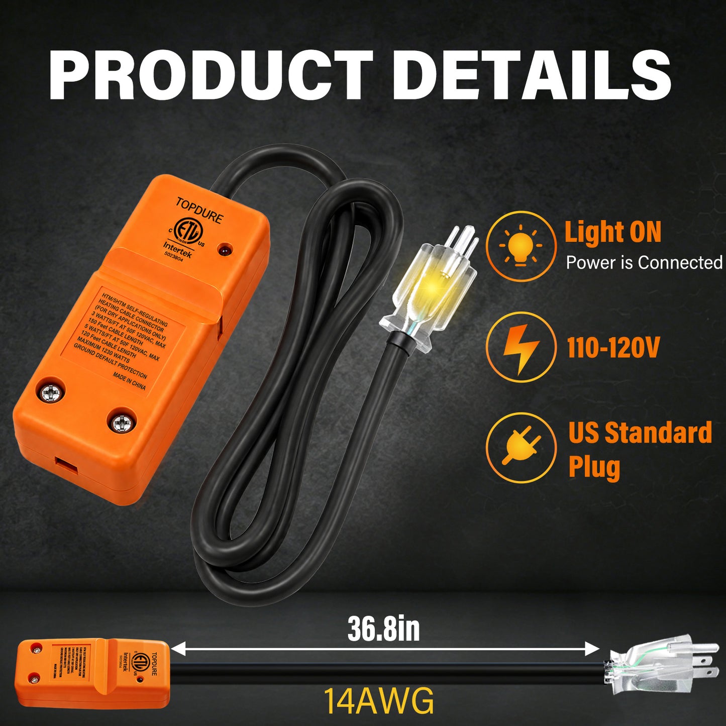 TOPDURE HTM Accessory Connection kit Self-Regulating Heating Cable Plug Kit (Support up to 120ft of 5W/ft or 150ft of 3W/ft heating cable)