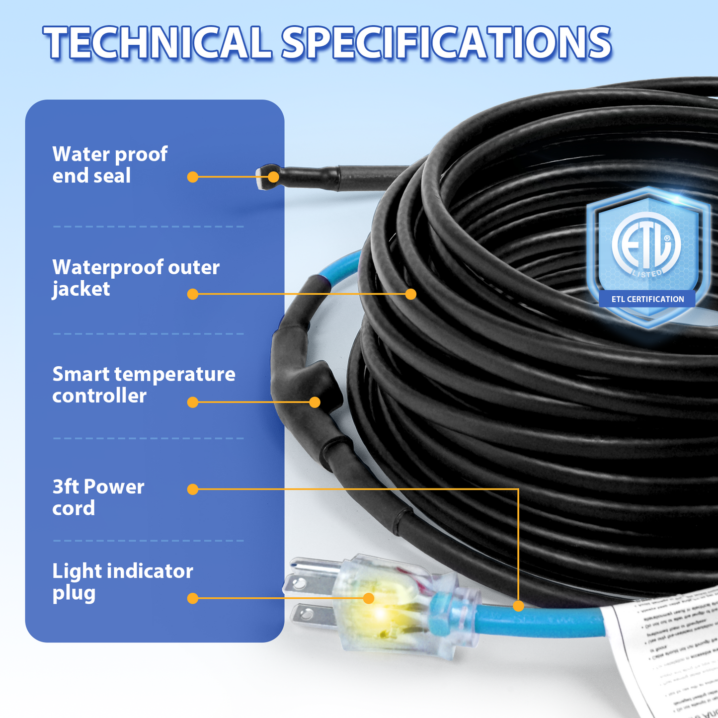 TOPDURE 5W/Feet 120V Self-Regulating Pre-Assembled Water Pipe Heat Cable for Pipe Freeze Protection, Energy-Saving Pipe Heating Cable Keeps Water Flowing at -40°F