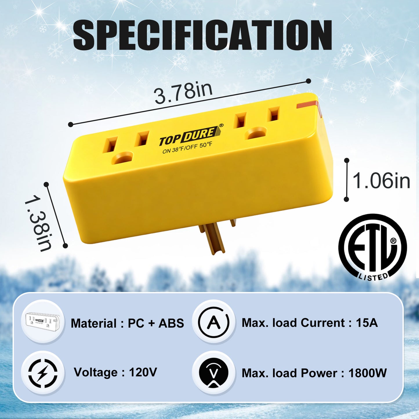 TOPDURE Thermostat Plug Outlet for Heat Cables, Temperature Controlled Outlet with Auto On at 38℉/Off at 50℉