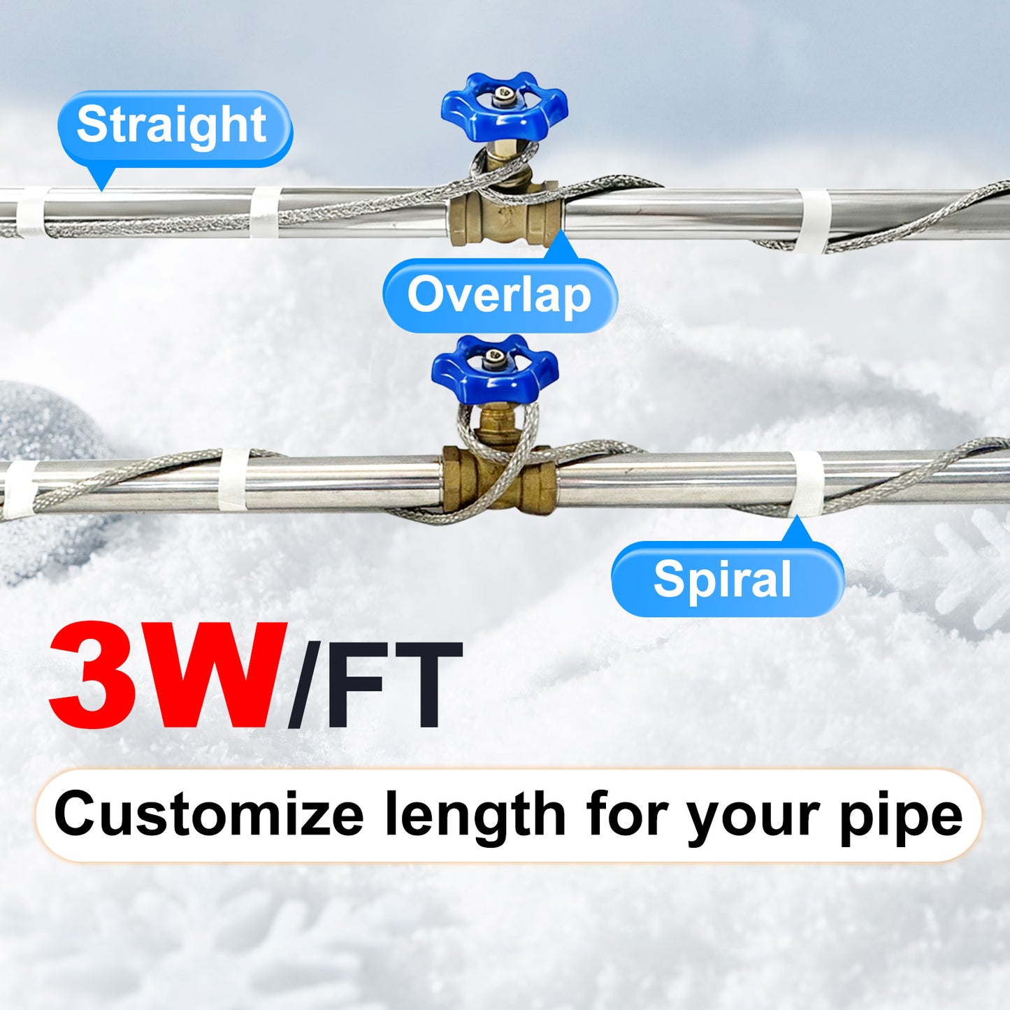 TOPDURE HTM Braid Self-Regulating Custom-length Heating Cable Kit, 3W/FT ETL Certified with Connection Kit (Plug & Waterproof End Seal)
