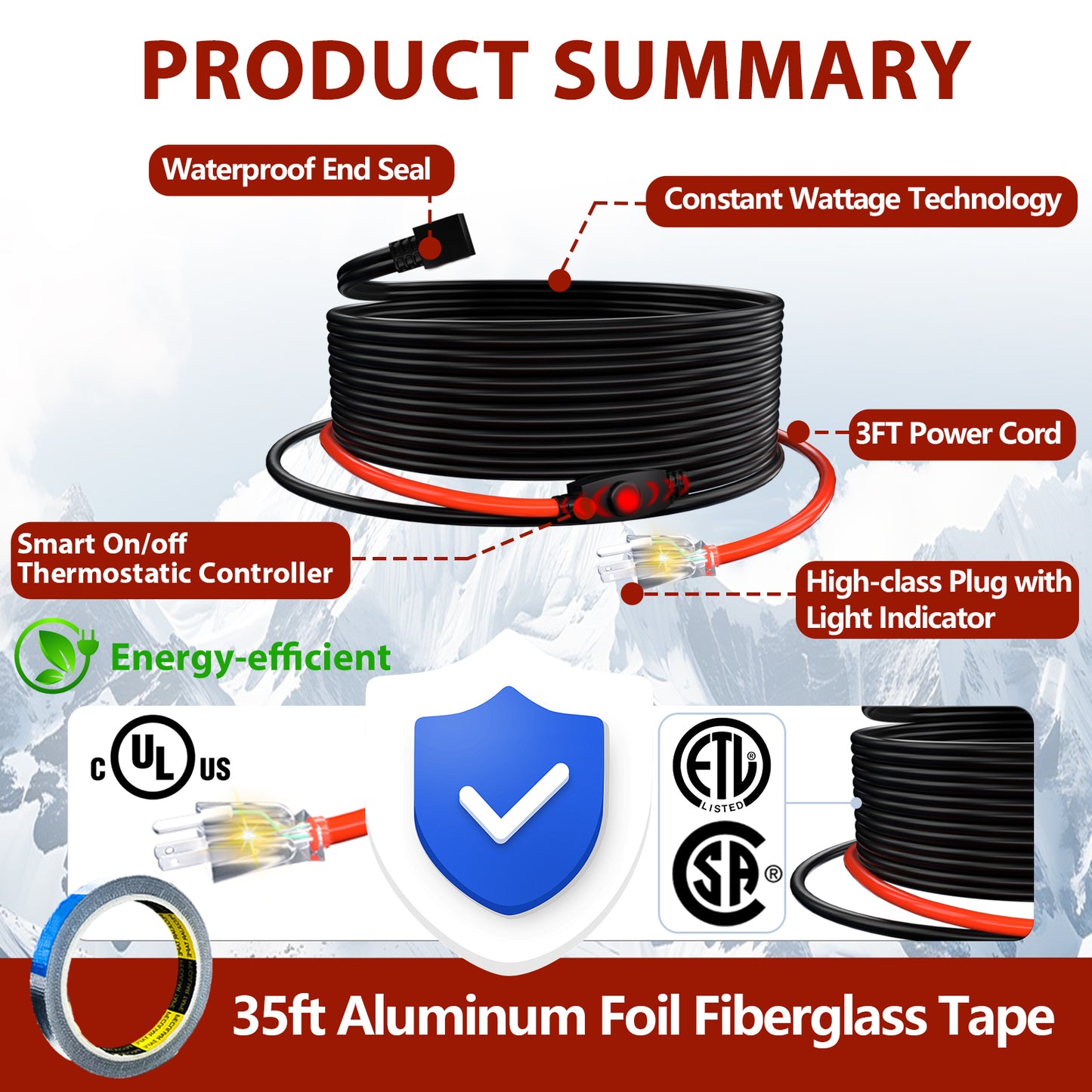 TOPDURE Heat Tape for Water Pipes Pipe Freeze Protect Heating Cable Keeps Water Flowing at -40°F with 3ft Lighted Plug, 120V