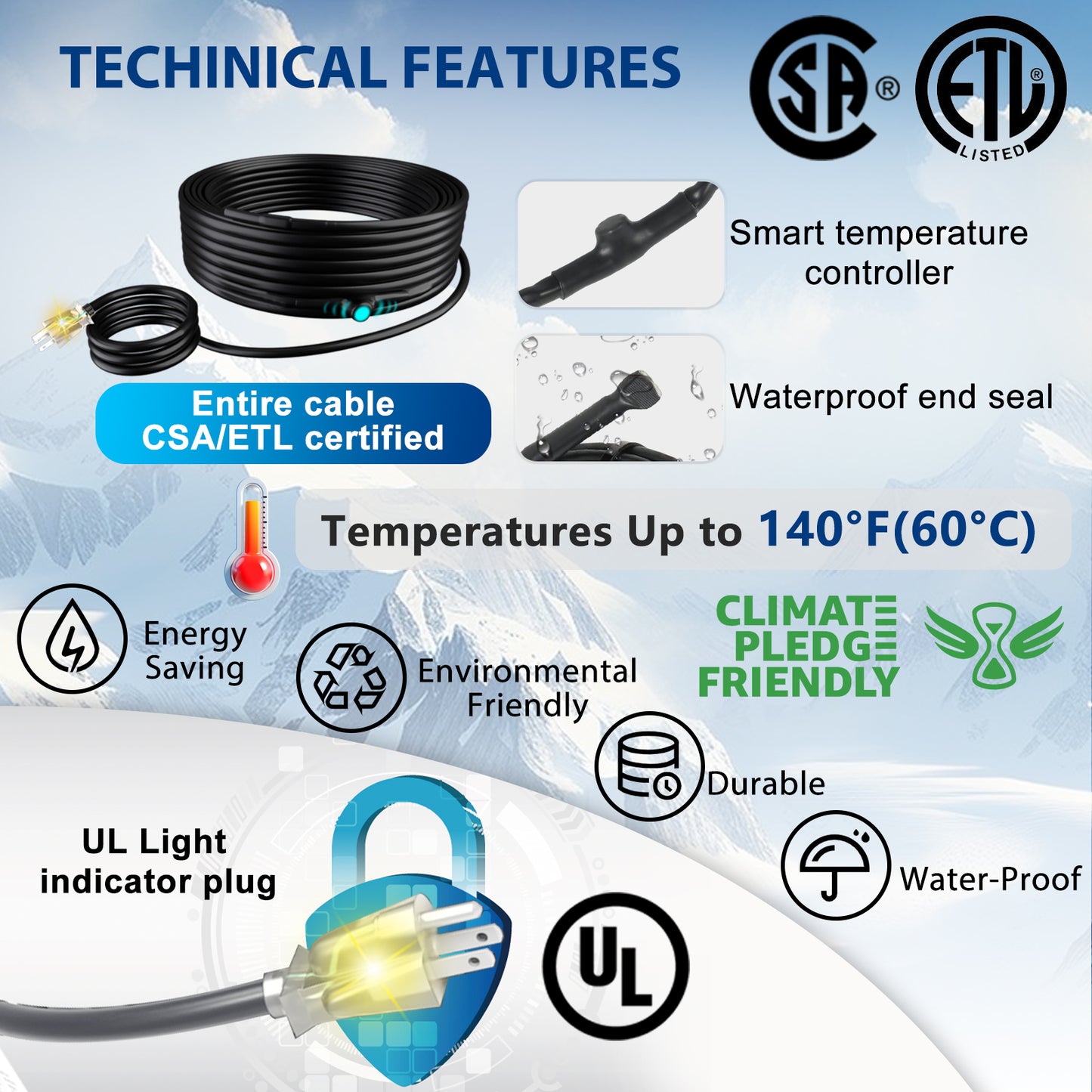 TOPDURE 7w/ft Constant Wattage Pipe Heat Cable - CSA/ETL Certified, Energy-Saving for Metal & Water-Filled Plastic Pipes, Keeps Water Flowing at -40°F, 120V