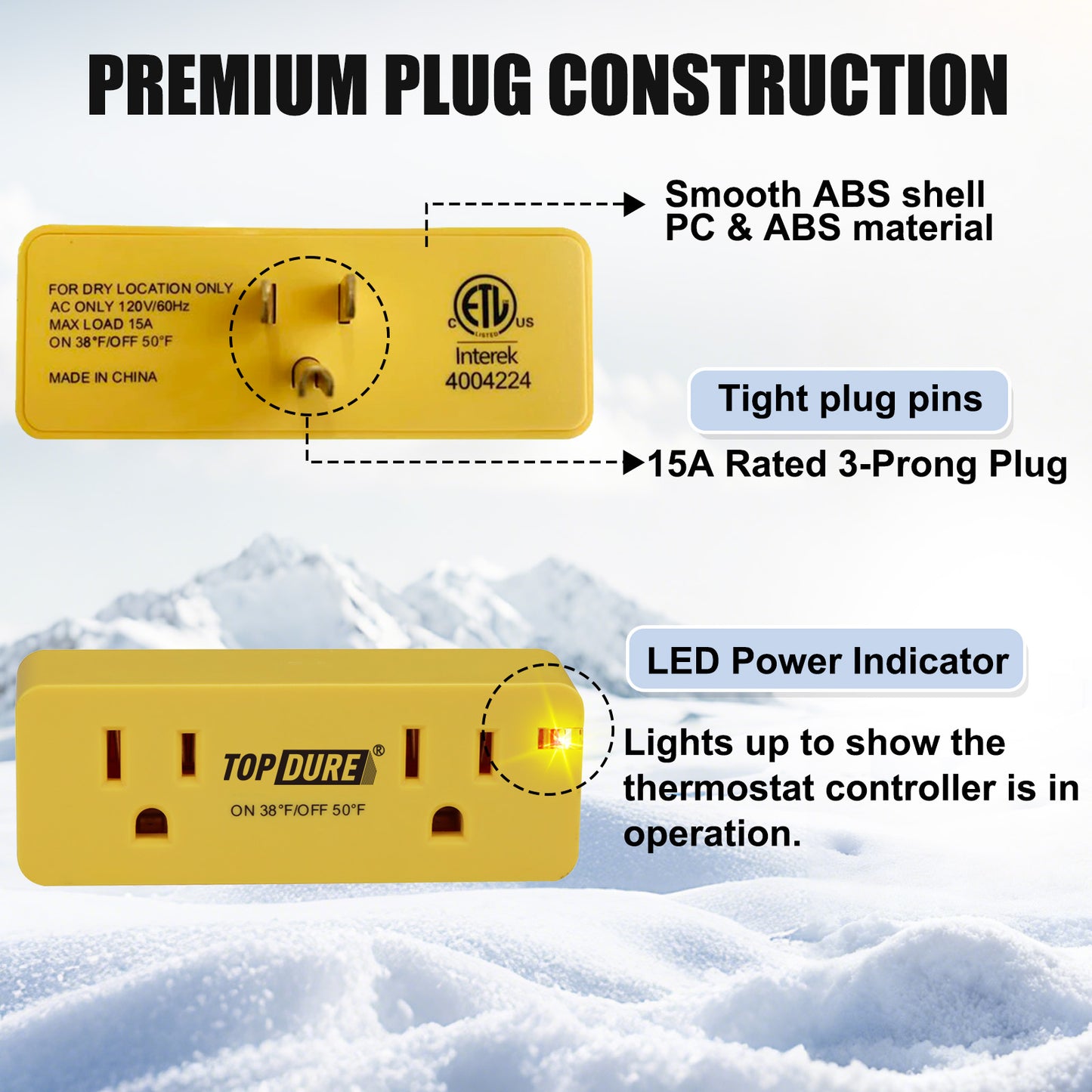 TOPDURE Thermostat Plug Outlet for Heat Cables, Temperature Controlled Outlet with Auto On at 38℉/Off at 50℉