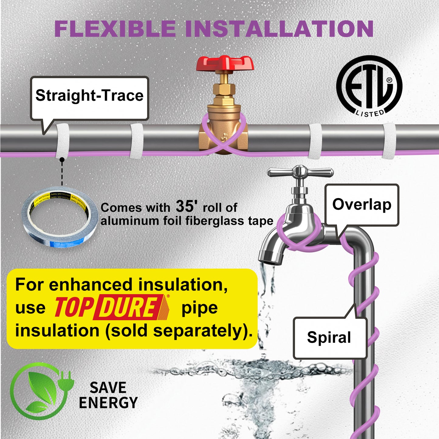 TOPDURE Self Regulating Heat Tape for Water Pipes Roof and Gutters Heating Cable with 6ft Lighted Plug