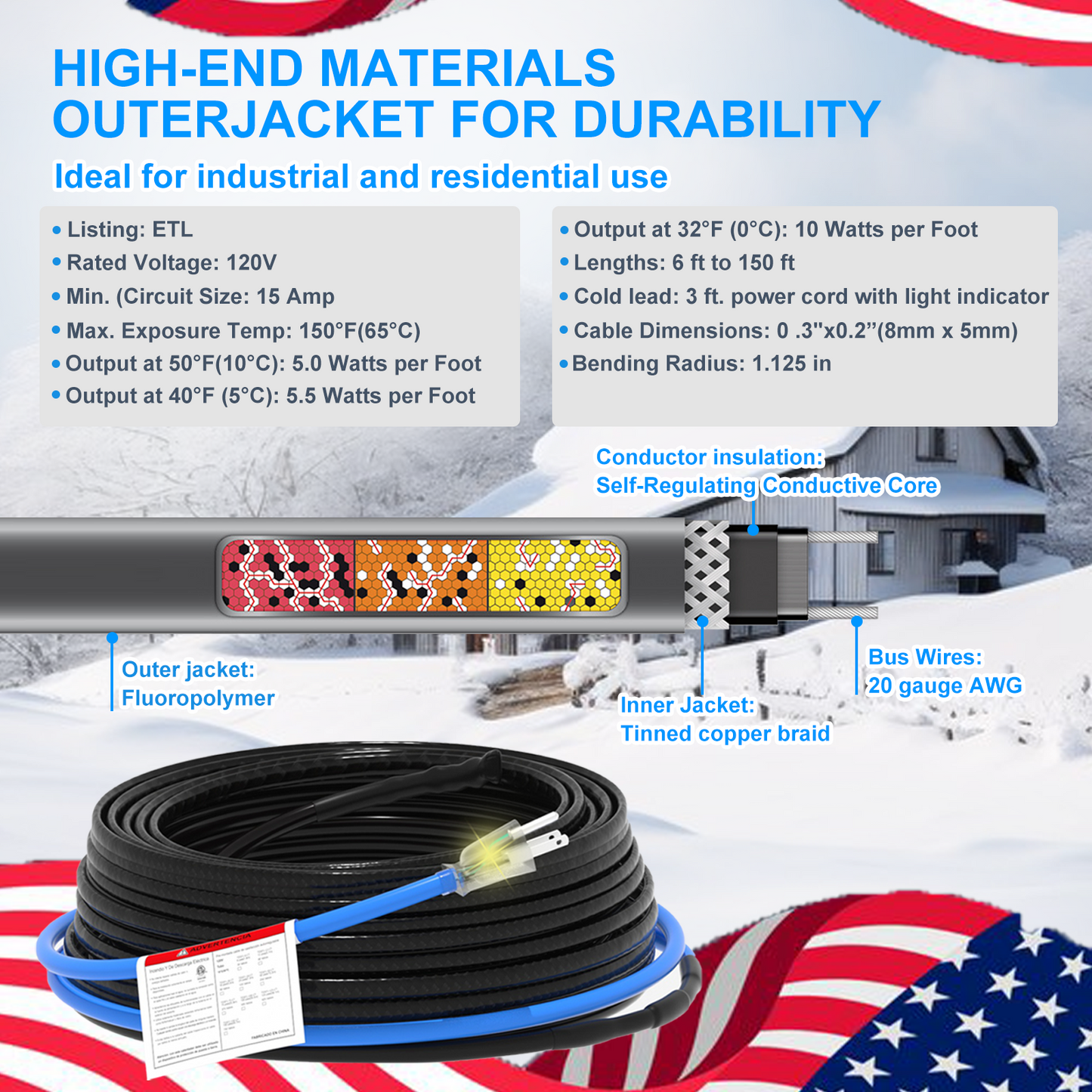 TDSF1-CT Self-Regulating Heat Tape for Water Pipes, ETL Certified, Ideal for Pipe Freeze Protection and Roof Deicing, 120V