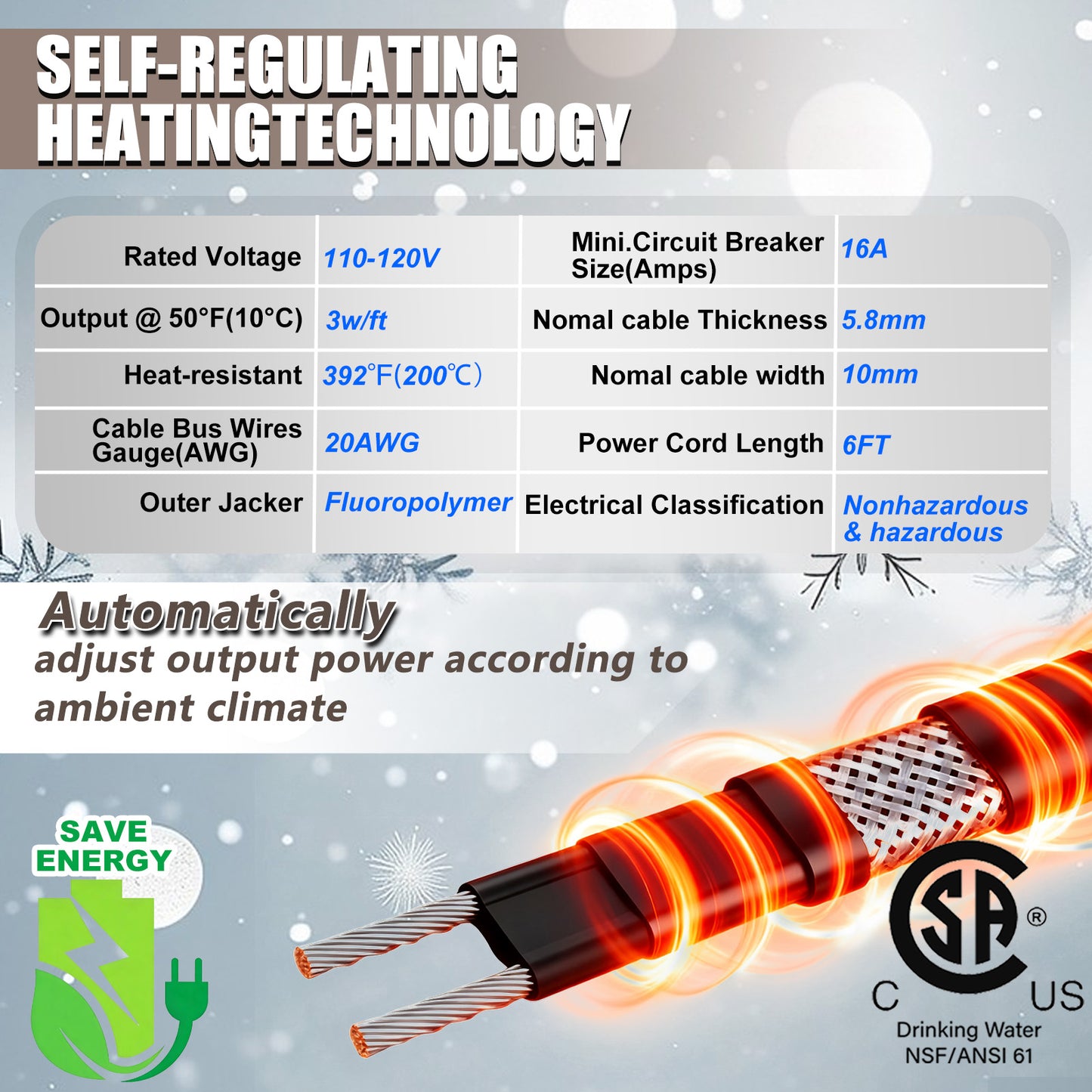 TOPDURE In Pipe Heating Cable Prevents Pipes from Freezing, Internal Self-regulating Heat Trace Cable for Safe Drinking Water, 120V