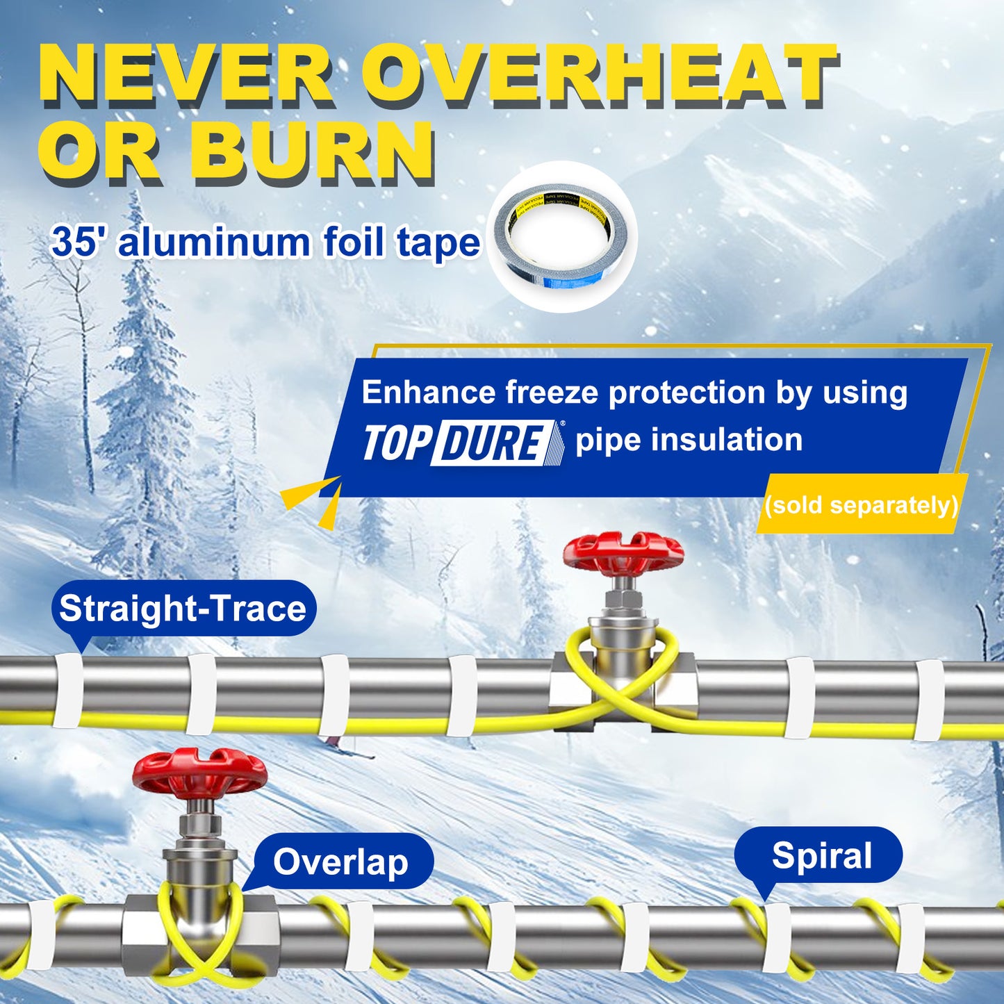 TOPDURE Heating Cable for Pipe Freeze Protection Self-Regulating Heat Tape for Water Pipes for Metal and Plastic Pipes Energy-Saving Heat Trace Cable 120V 6W/FT