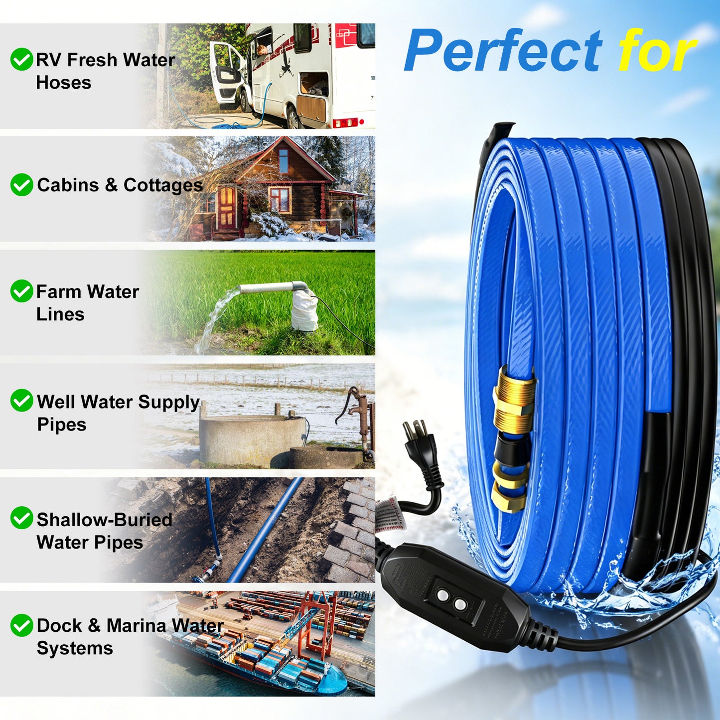 TOPDURE In-Line Pipe Heating Cable, Self-regulating cable for internal installation in drinking water pipes to help prevent freezing, 5W/FT with GFCI