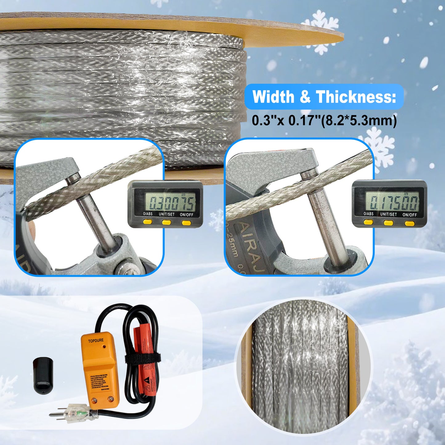 TOPDURE HTM Braid Self-Regulating Custom-length Heating Cable Kit, 3W/FT ETL Certified with Connection Kit (Plug & Waterproof End Seal)