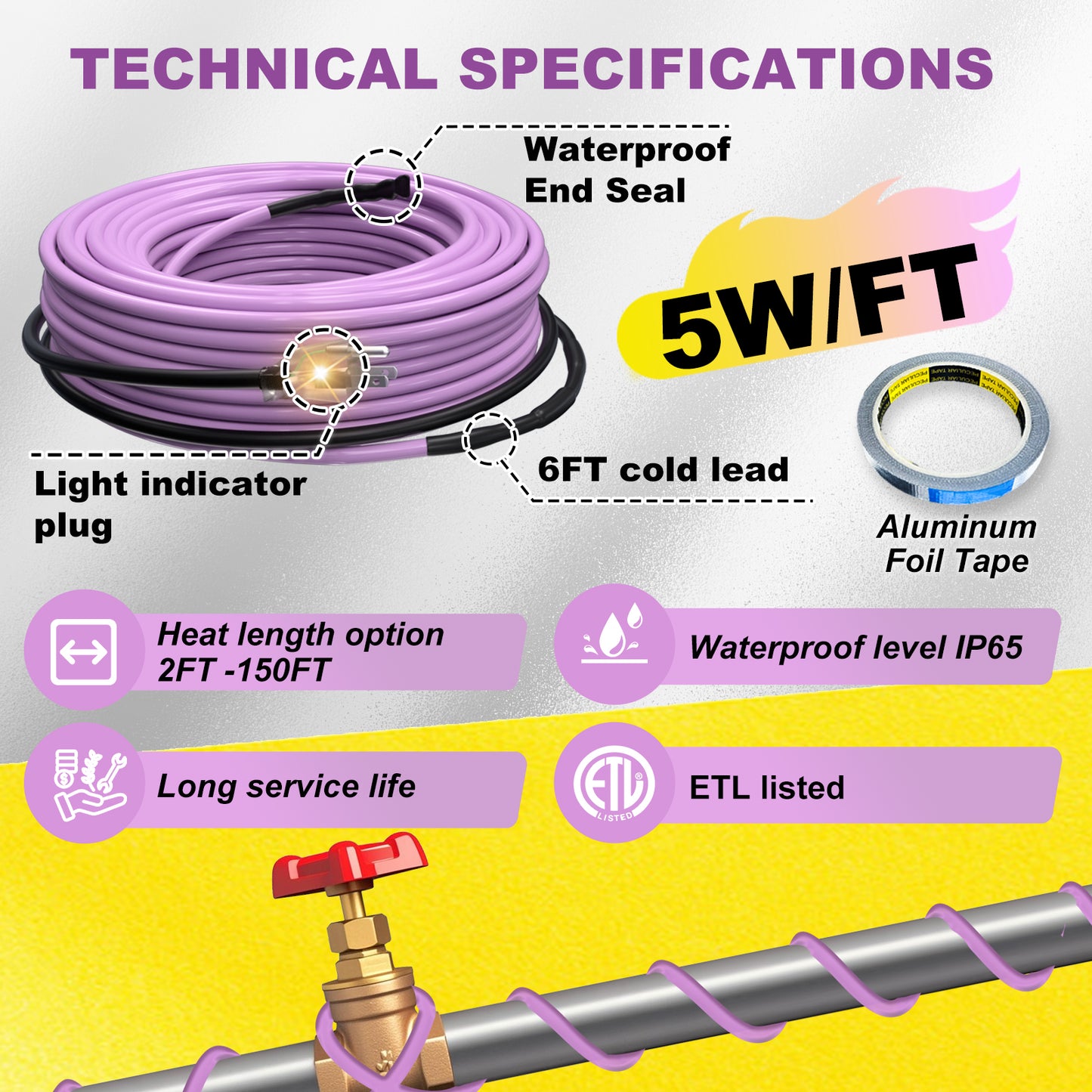 TOPDURE Self Regulating Heat Tape for Water Pipes Roof and Gutters Heating Cable with 6ft Lighted Plug